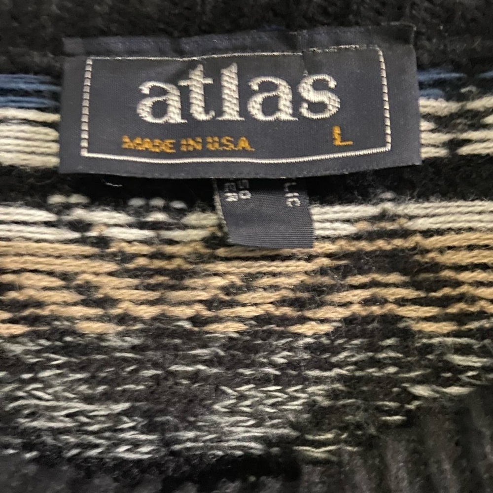 Vintage 90s Atlas Mens Blue Geometric Nordic Fair Isle Knit Crewneck Sweater - Picture 4 of 6